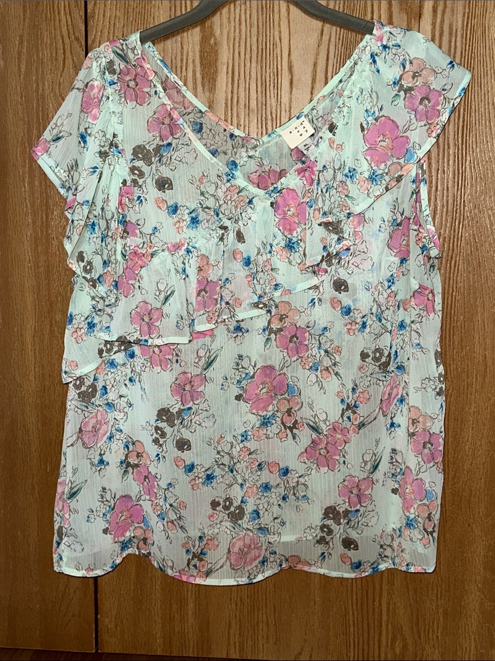 a new day Light Blue Floral Ruffle V-Neck Blouse